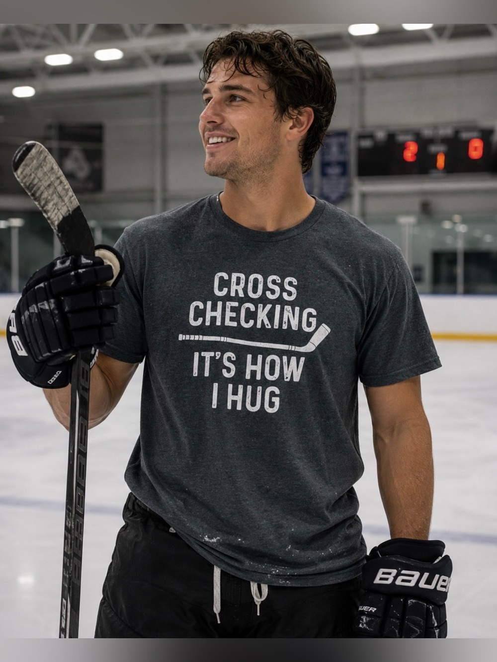 Cross Checking Hockey Tee - Charcoal Gray/ Blue with White Print